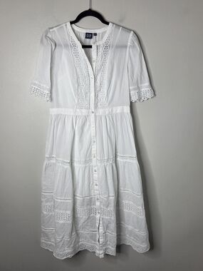 GAP White Eyelet/Lace Button-Front Midi Dress